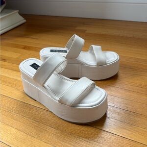 Aqua White Double-Band Platform Slide Sandals